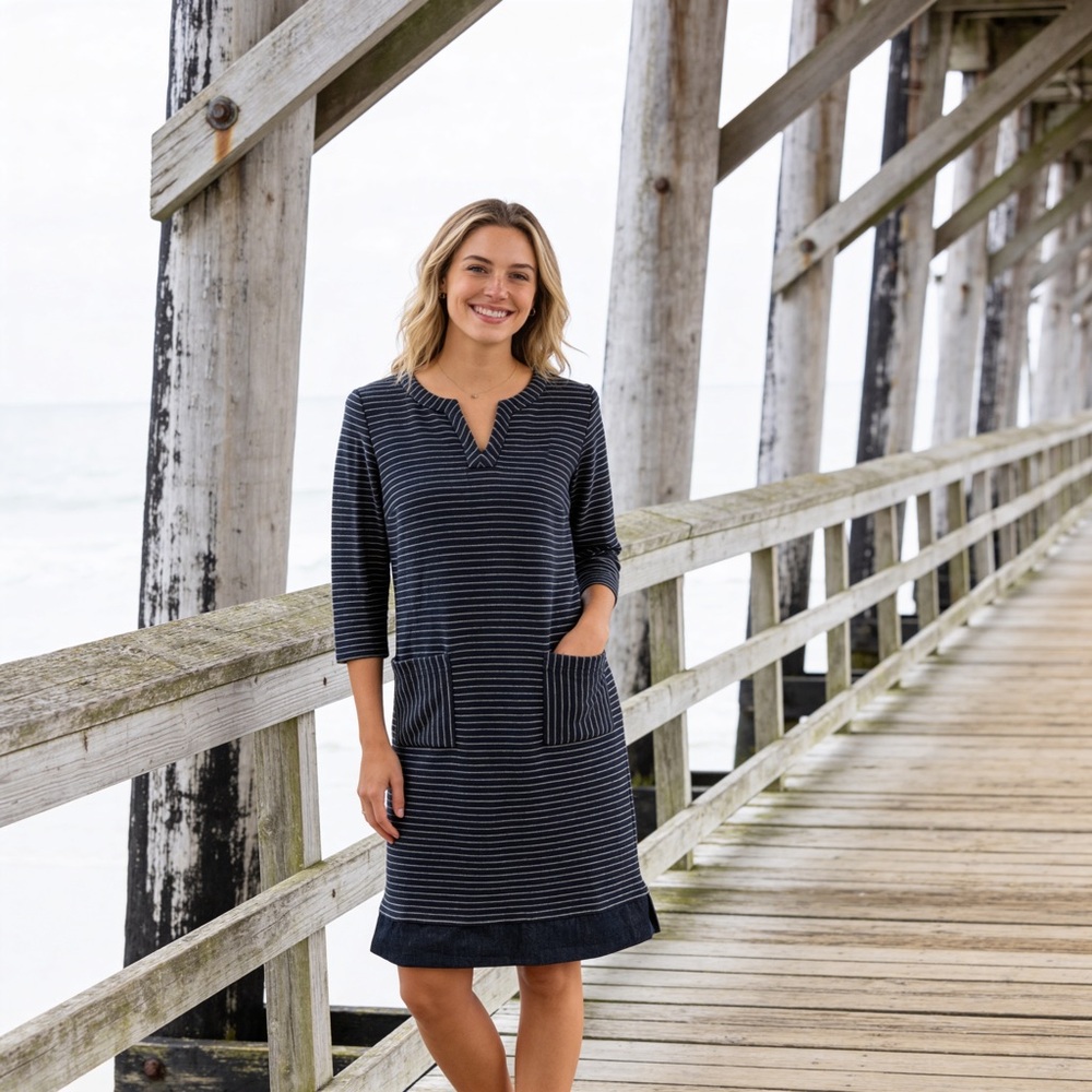 J.Jill Navy Striped Knit Dress Petite Small Chambray Hem Pockets Split Neckline